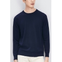 Mens Trendy Sweater Pure Color Long Sleeves Round Neck Regular Fitted Pullover Sweater