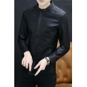 Cool Mens Coat Pure Color Pocket Detail Stand Collar Long-Sleeved Relaxed Zipper Leather Coat