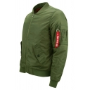 Street Style Bomber Jacket Plain Stand Collar Front Pocket Full-Zip Long-Sleeved Slim Bomber Jacket for Men