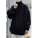 Formal Pullover Solid Color High Neck Baggy Long-sleeved Pullover for Guys