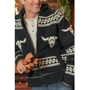 Mens Popular Cardigan Sweater Animal Printed Long Sleeve Stand Collar Button Closure Regular Fitted Cardigan Sweater