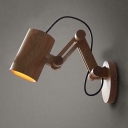 Wooden Finish Cylinder Wall Lighting Modern 1 Head Iron Wall Lamp Fixture with Wooden Swing Arm