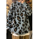 Popular Guy's Sweater Leopard Print Round Neck Long Sleeve Loose Fitted Pullover Sweater