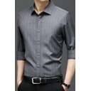 Guys Base Shirt Stripe Print Button Closure Turn-Down Collar Slim Long Sleeves Shirt