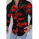 Creative Mens Shirt 3D Floral Pattern Button Placket Turn-Down Collar Baggy Long Sleeves Shirt