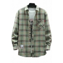 Boyish Checker Pattern Shirt Chest Pocket Button Fly Spread Collar Long Sleeve Oversized Shirt