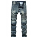 Men Unique Denim Pants Solid Color Zip Closure Folds Detail Front Pocket Fitted Long Denim Pants