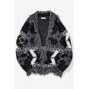 Stylish Mens Cardigan Geometric Pattern V-Neck Loose Fit Long-Sleeved Open Front Cardigan