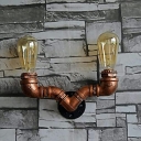 Curved Pipe Double Wall Sconce Industrial-Style Metal Wall Mounted Light Fixture in Brown