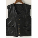 Men Edgy Suit Vest Whole Colored Pocket Button Closure V-Neck Leather Suit Vest