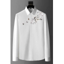 Retro Mens Shirt Flower Embroidered Button Closure Long Sleeves Turn down Collar Fitted Shirt