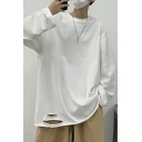 Base Mens T Shirt Pure Color Distressed Round Neck Baggy Long Sleeves T Shirt