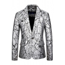 Freestyle Suit Stamping Pattern Split Hem Long Sleeve Lapel Collar Slim Single Button Blazer for Men