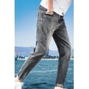 Elegant Men Jeans Pure Color Dark Wash Mid Rise Pocket Detail Zipper Placket Long Length Slim Fitted Jeans