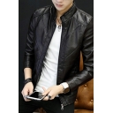 Men Modern Leather Jacket Plain Stand Collar Full Zipper Front Pocket Long Sleeves Slim Leather Jacket