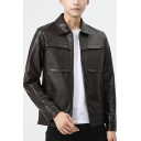 Simple Jacket Plain Spread Collar Pocket Long Sleeve Regular Fit Zip Fly Leather Jacket for Men