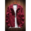 Casual Mens Jacket Solid Color Long Sleeve Lapel Collar Button Placket Denim Jacket with Pockets