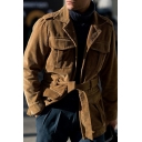 Simple Jacket Solid Color Collar Pocket Detailed Long-sleeved Belt Design Jacket for Guys