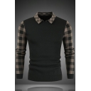 Unique Men's Sweater Contrast Color Fake two-piece Lapel Collar Long Sleeves Slim Fitted Pullover Sweater