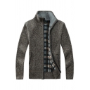 Boys Urban Cardigan Solid Plaid Lined Detailed Stand Collar Relaxed Long Sleeve Zip Fly Cardigan