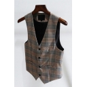 Stylish Mens Suit Vest Plaid Patterned Button Detailed V-Neck Fitted Suit Vest
