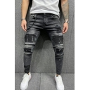 Trendy Denim Jeans Zip Up Side Pocket Chain Embellished Ankle Length Slim Fit Jeans for Men