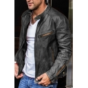 Elegant Guy's Jacket Whole Colored Chest Pocket Stand Collar Regular Fitted Leather Jacket