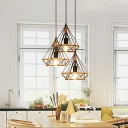 Industrial Caged Shade Multi Light Pendant Natural Rope 3 Light Hanging Lamp in Black