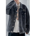 Mens Casual Embroidery Design Jacket Button Fly Flap Pockets Turn Down Collar Fitted Denim Jacket