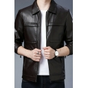 Casual Men's Leather Jacket Zip Up Pure Color Long Sleeve Regular Fit Leather Jacket