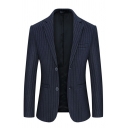 Chic Mens Jacket Suit Stripe Print Long Sleeves Button Closure Slim Fitted Suit with Pockets