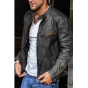 Retro Men Jacket Pure Color Zipper Pocket Long Sleeves Stand Collar Relaxed Zip Closure Jacket