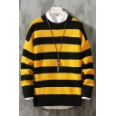 Stylish Men's Sweater Stripe Printed Crew Neck Long Sleeves Regular Fit Pullover Sweater