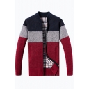 Guy's Trendy Cardigan Color-blocking Pocket Designed Stand Collar Relaxed Long Sleeves Zip Up Cardigan
