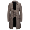 Retro Coat Plain Stand Collar Faux Twinset Panel Button-up Long Sleeves Coat for Guys