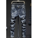Men Fashionable Denim Pants Faded Pattern Shredded Zip Fly Pocket Detail Slim Denim Pants