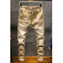 Men Freestyle Denim Pants Faded Effect Pattern Zip-Fly Front Pocket Slim Long Denim Pants