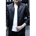 Men Street Look Leather Jacket Solid Color Stand Collar Full Zip Long Sleeve Relaxed Fit Leather Jacket