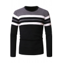 Stylish Men's Sweater Color Block Long Sleeves Round Neck Slim Fitted Pullover Sweater