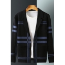Unique Cardigan Striped Printed Collar Relaxed Fitted Long-Sleeved Single Button Cardigan for Boys