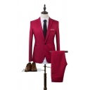Basic Mens Suit Set Solid Color Button Up Long Sleeves Full Length Pants Suit Set