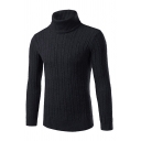 Men Urban Sweater Cable Knit Print High Collar Rib Cuffs Long Sleeve Slim Fit Sweater