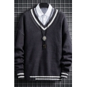 Classic Sweater Contrast Color Rib Hem Long-sleeved V-Neck Regular Fitted Pullover for Men