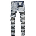 Men Street Style Denim Pants Faded Effect Print Zip Fly Shredded Pocket Detail Slim Denim Pants