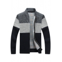 Guy's Trendy Cardigan Color-blocking Plaid Lined Designed Stand Collar Relaxed Long Sleeves Zip Up Cardigan