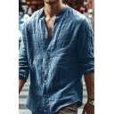 Mens Classic Shirt Pure Color Stand Collar Long-Sleeved Relaxed Button Placket Shirt