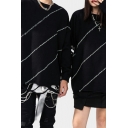 Men Leisure Sweater Contrast Line Printed Round Neck Rib Cuffs Long Sleeve Relaxed Sweater