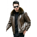 Mens Edgy Jacket Pure Color Pocket Spread Collar Relaxed Long Sleeve Zip Placket Leather Jacket
