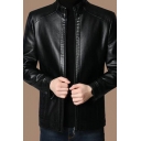 Trendy Mens Leather Jacket Plain Stand Collar Long Sleeves Pocket Detail Zip Placket Leather Jacket