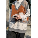 Fancy Men's Vest V-Neck Contrast Color Rib Cuffs Sleeveless Oversize Knit Vest